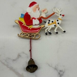 Vintage Plastic Santa Christmas Pin Brooch Moveable Sleigh Reindeer 1960s